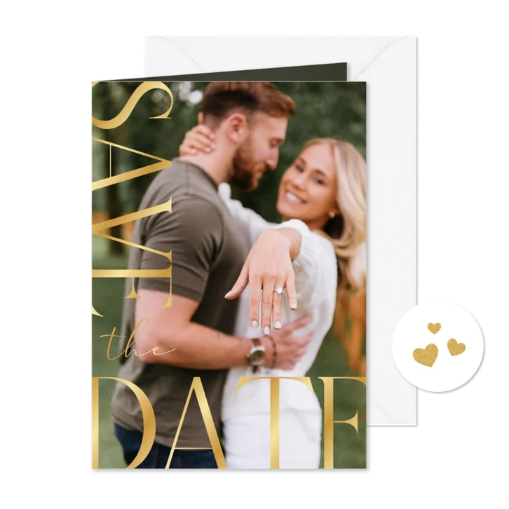 Save the date fotokaart goud stijlvol hartjes trouwen