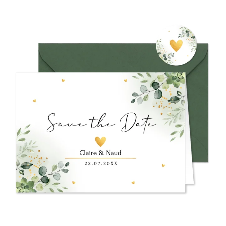Save the Date kaart botanisch groen blaadjes goudlook