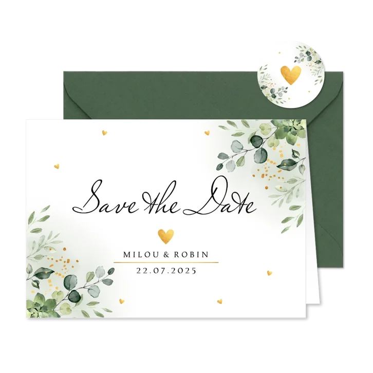 Save the Date kaart botanisch groen blaadjes goudlook