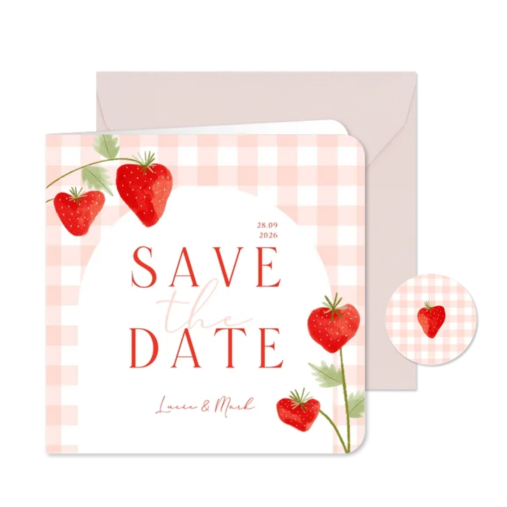 Save the date kaart bruiloft aardbeien roze ruitjes