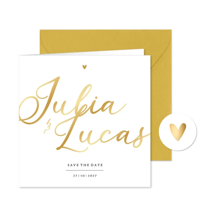 Save the date kaart bruiloft foliedruk namen goud