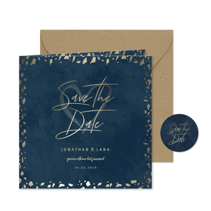 Save the date kaart donkerblauw met terrazzo patroon