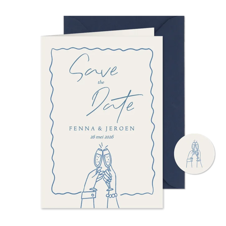 Save the Date kaart doodle tekening armen met champagne
