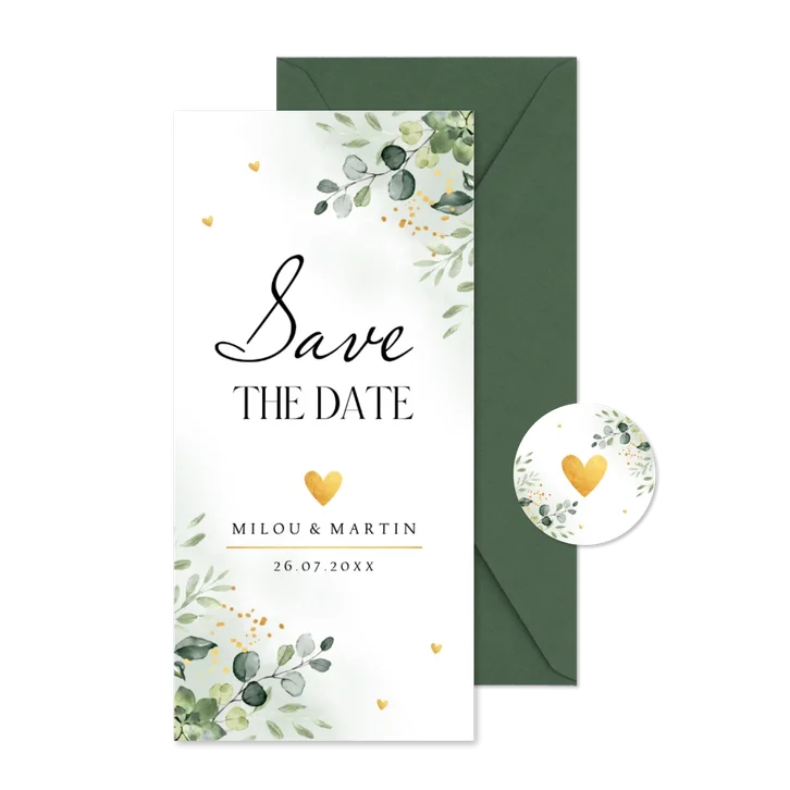 Save the Date kaart floral botanische bladeren groen