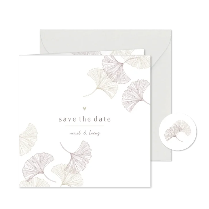 Save the Date kaart ginkgo puur