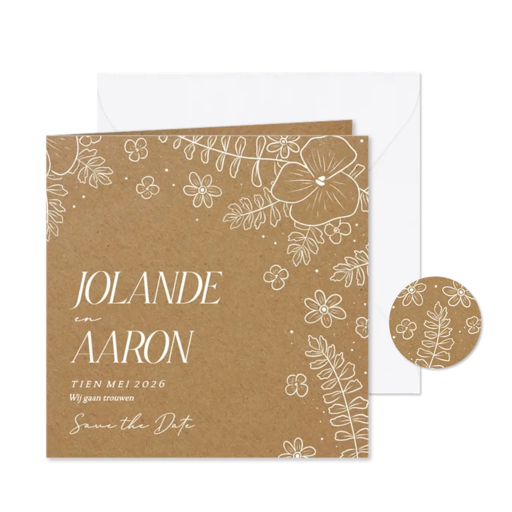 Save the date kaart in kraftlook met witte bloemen
