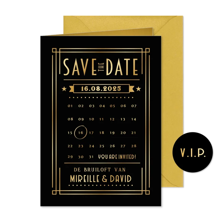 Save the Date kaart in retro poster stijl met goudfolie 