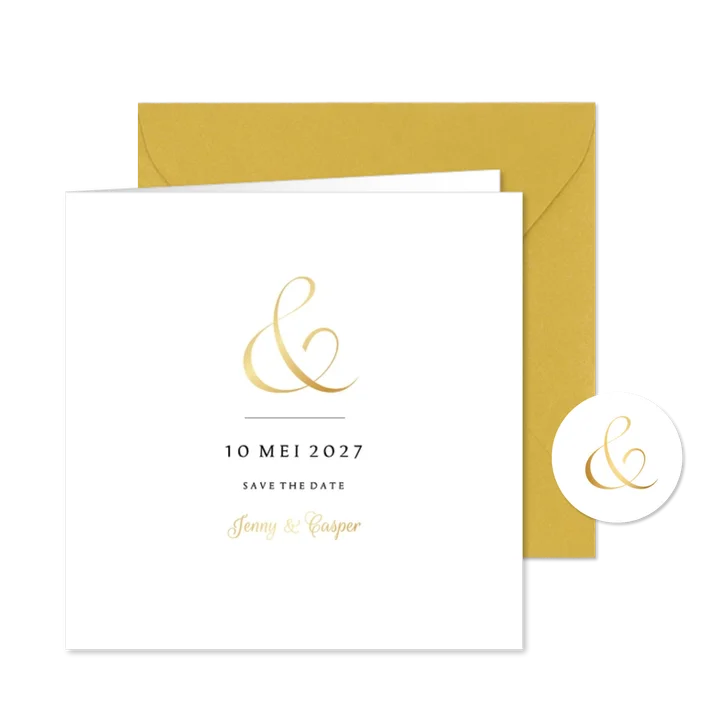 Save-the-Date kaart klassiek ampersand en namen in goudfolie