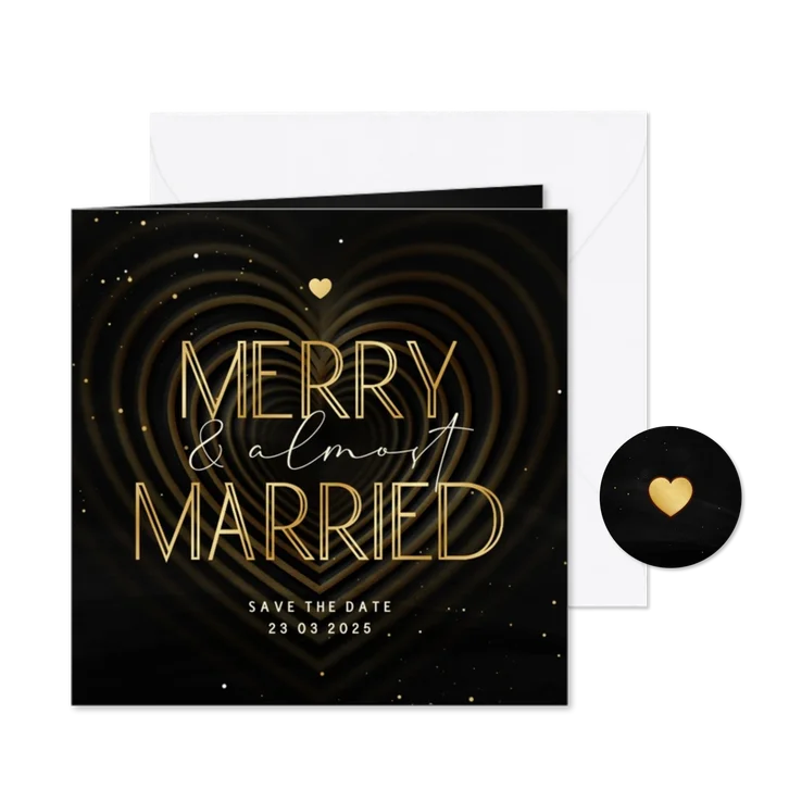 Save the date kaart Merry & Married met hart op achtergrond