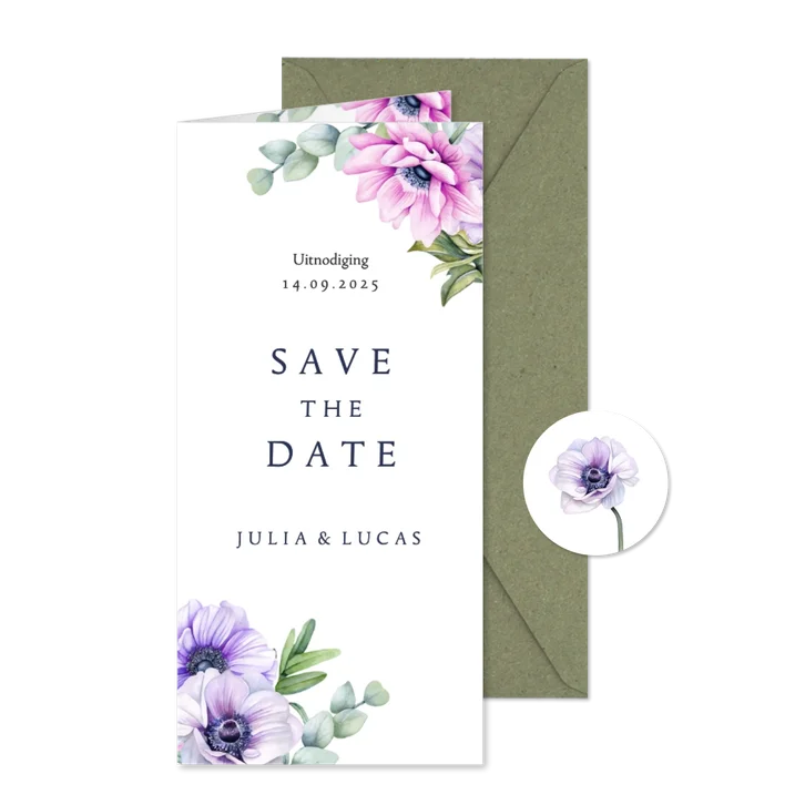 Save the date kaart met anemoontjes eucalyptus 