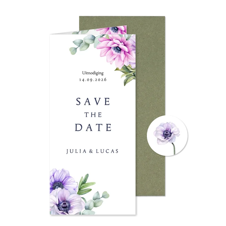 Save the date kaart met anemoontjes eucalyptus