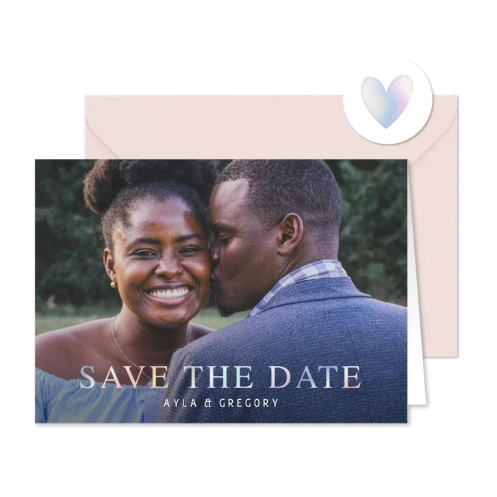 Save the date kaart met eigen foto en holografisch foliedruk