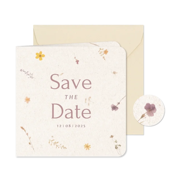 Save the date kaart met geperste bloemen en papier textuur