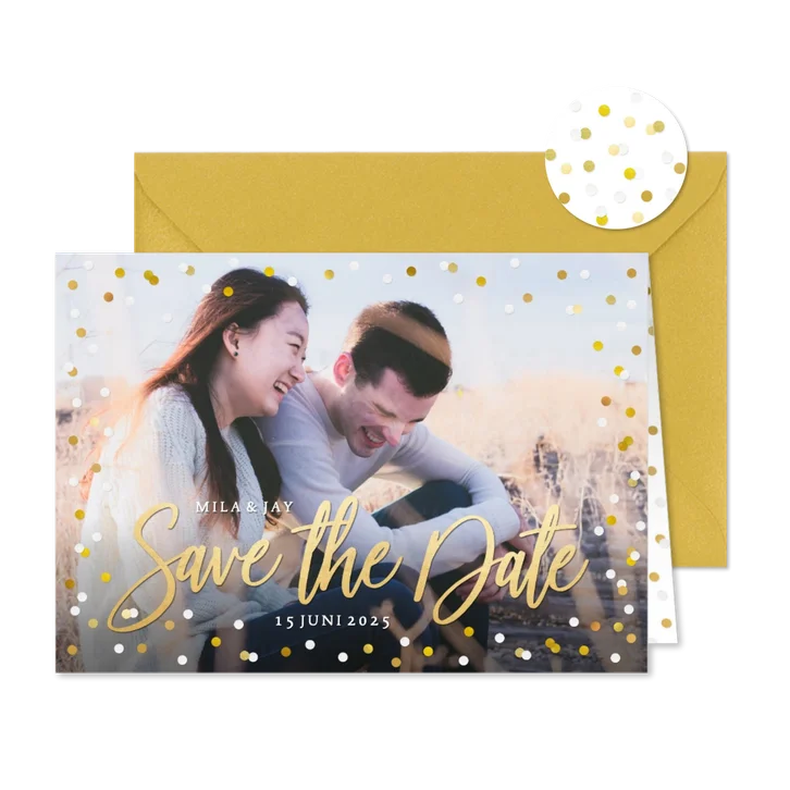 Save the Date kaart met grote eigen foto en confetti kader