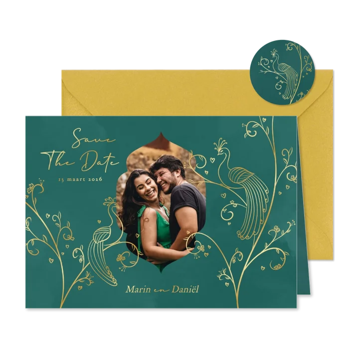 Save the date kaart met pauwen botanische illustratie groen