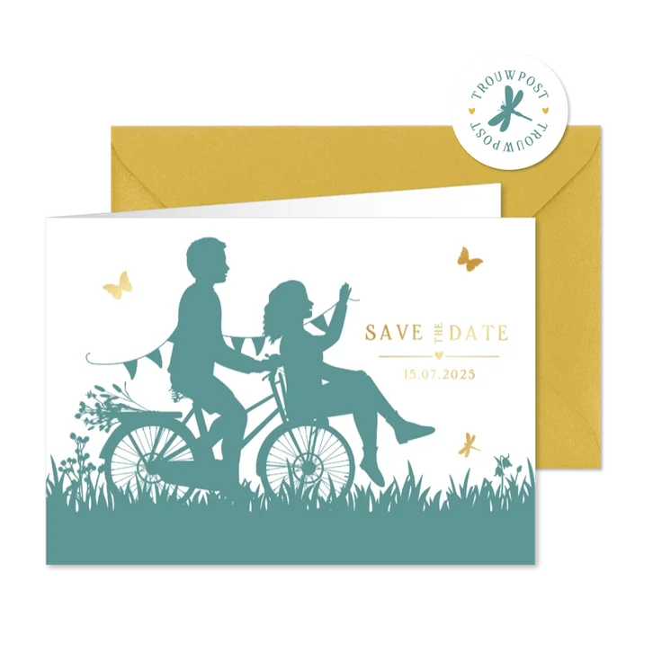 Save the Date kaart met silhouet van koppel op een fiets