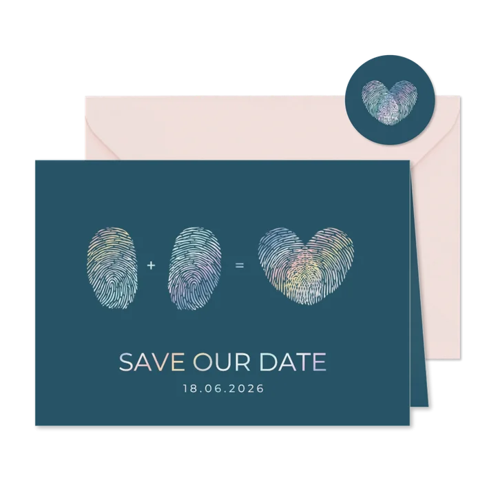 Save the date kaart met vingerafdrukken & holografisch folie