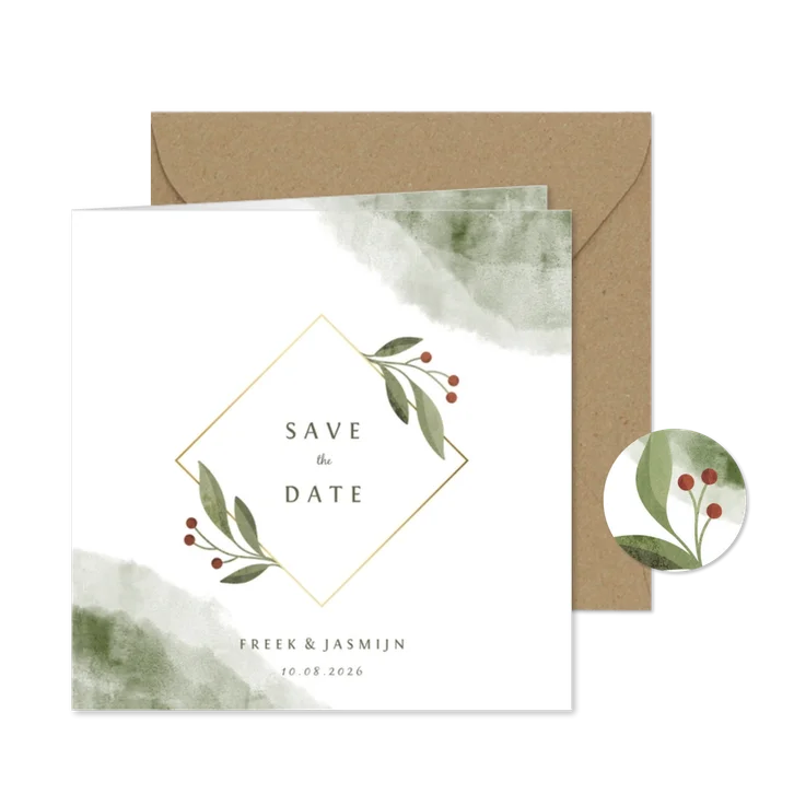 Save the date kaart met waterverf en botanisch gouden kader
