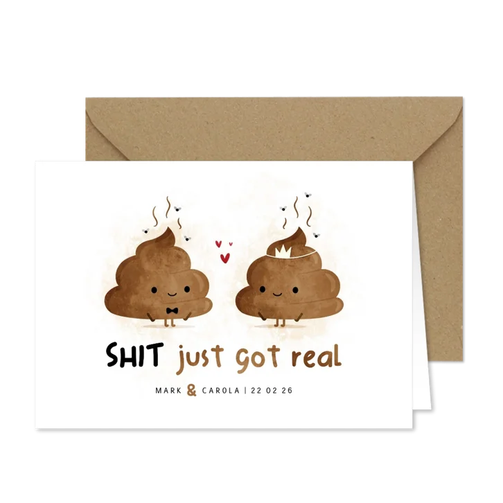 Save the date kaart shit just got real met drollen