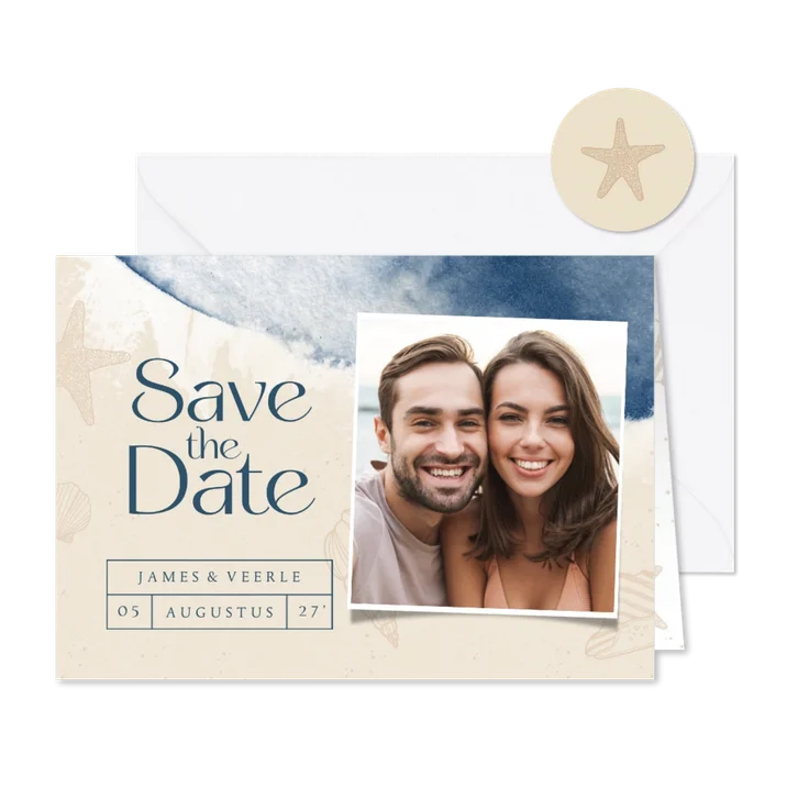 Save the date kaart strand waterverf schelpen foto