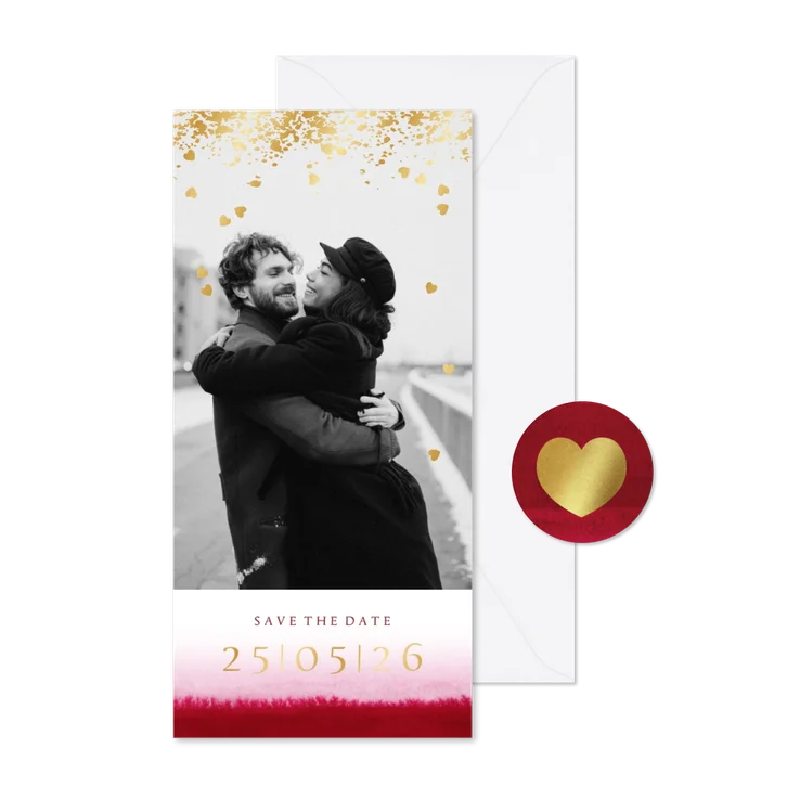 Save the date kaart watercolor dipdye goud spetters hartjes
