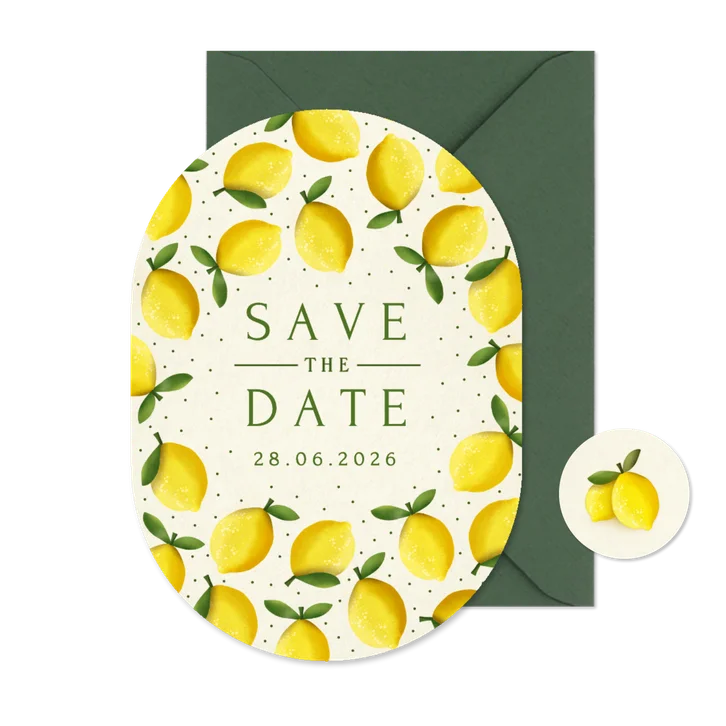 Save the Date kaart zomers in ovaal vorm met citroenen 