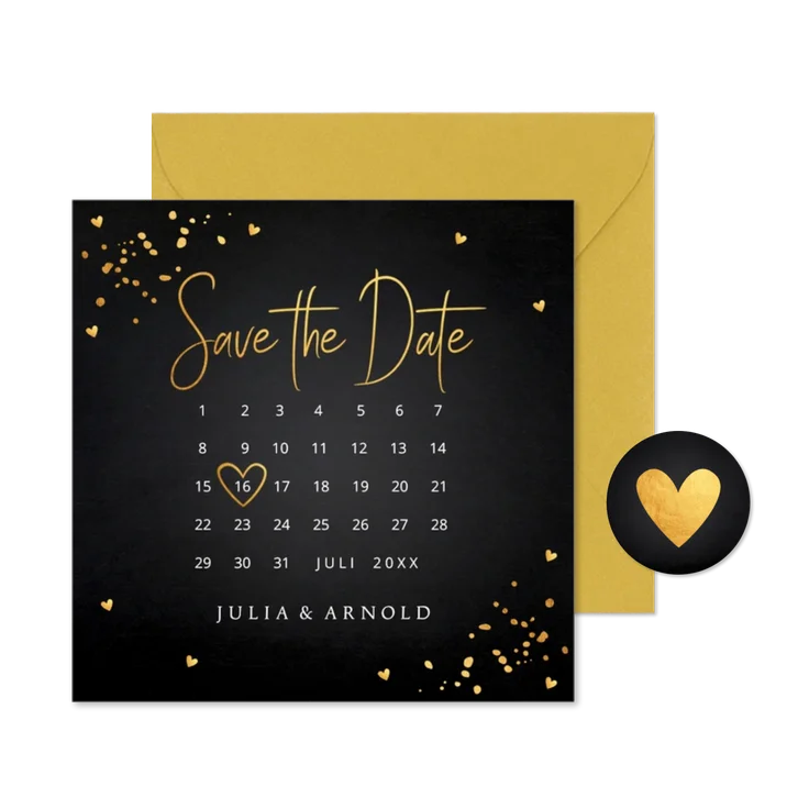 Save the Date kaart zwart goudlook met kalender uitnodiging