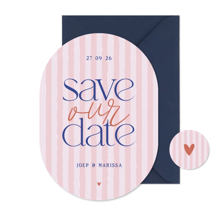 Save the date kaartje ovaal met roze streepjes save our date