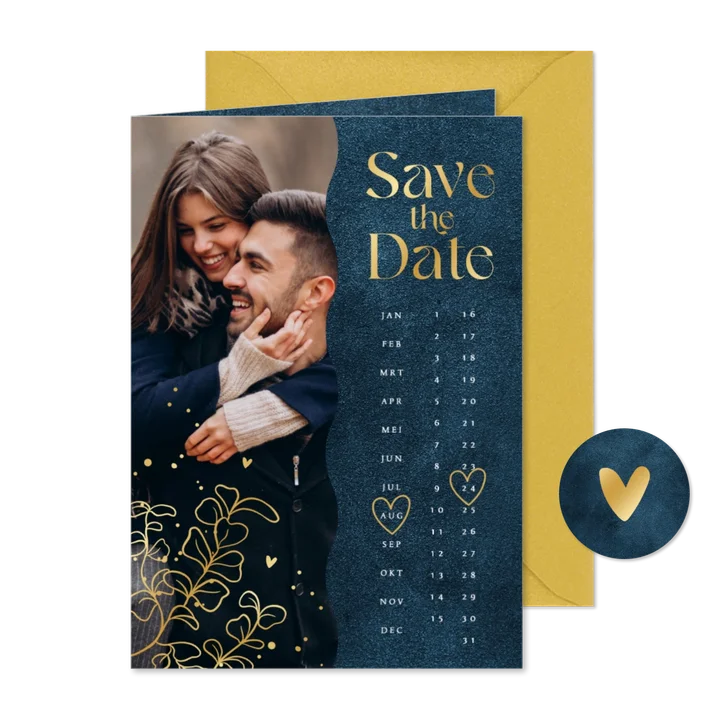 Save the date kalender trouwkaart velvet blauw foto goud