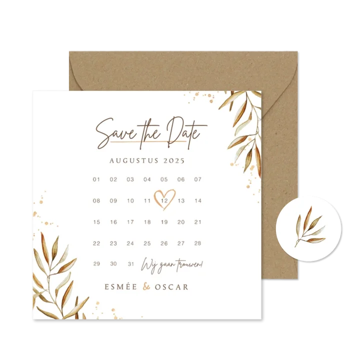 Save the date kalender uitnodigingskaart goud takje