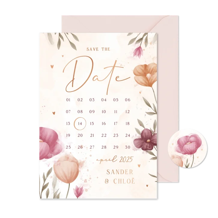 Save the date kalender waterverf bloemen met koperen hartjes