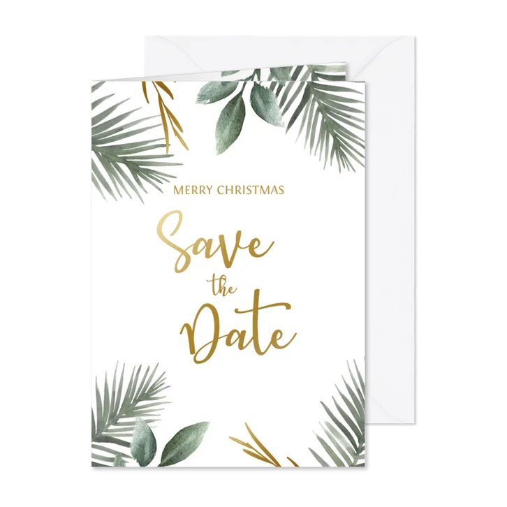 Save the date kerstkaart met kersttakjes en gouden tekst