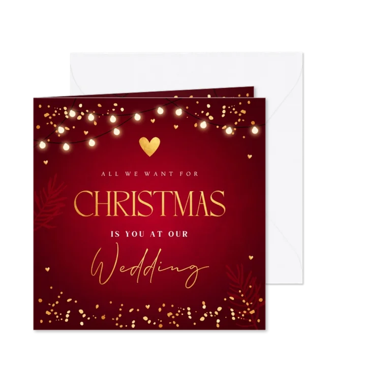 Save the Date kerstkaart rood lampjes spetters goudlook