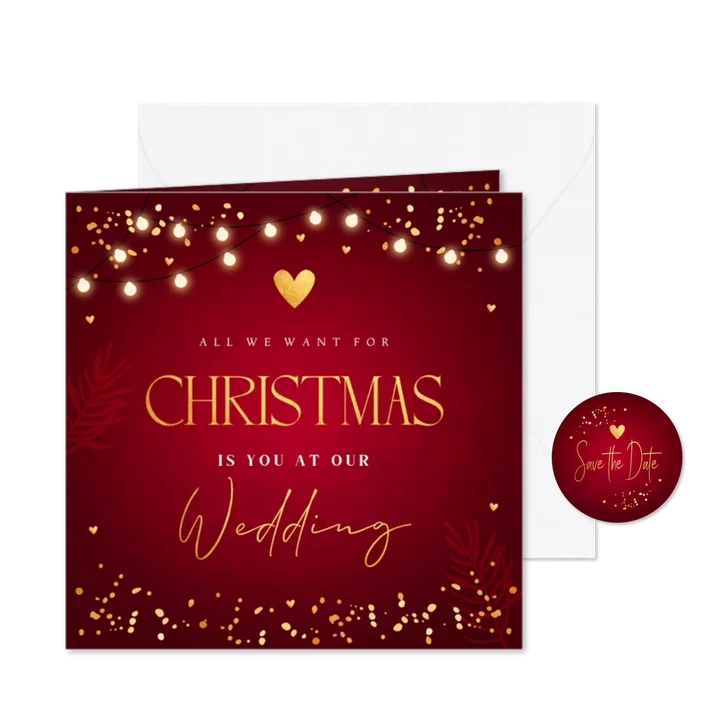 Save the Date kerstkaart rood lampjes spetters goudlook