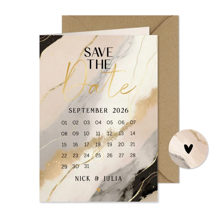 Save the date marmerlook beige zwart en goud kalender