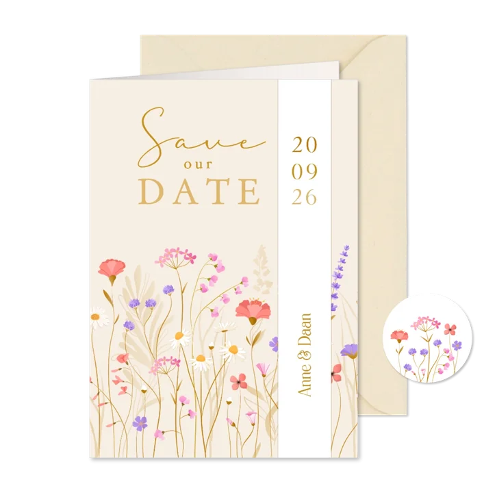 Save the date met sierlijke wilde bloemen en wikkel effect
