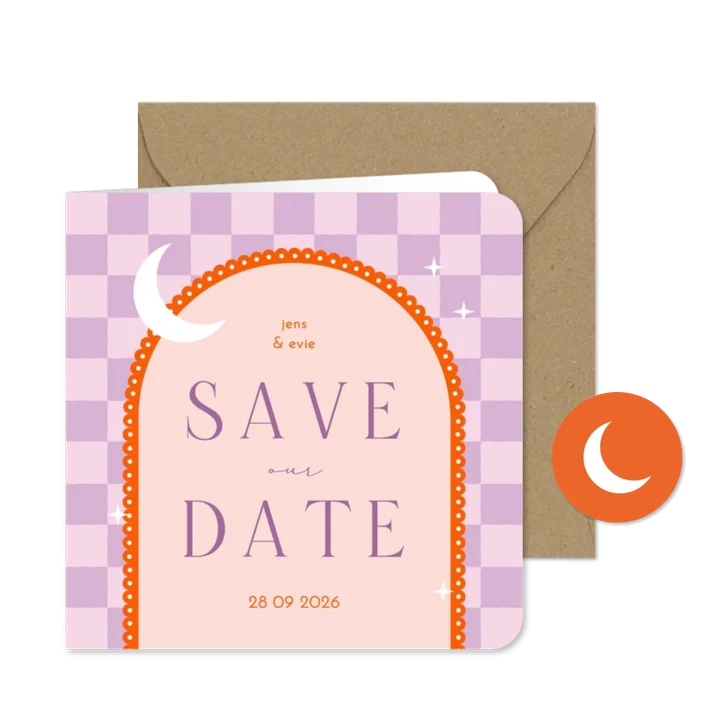 Save the date modern met lila ruitjes oranje boog en maan