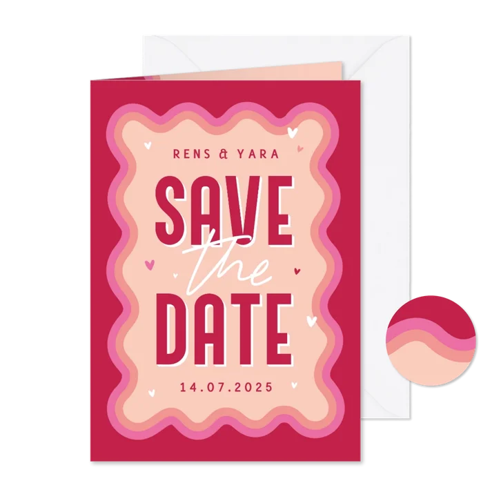 Save the date retro groovy grafisch trouwkaart roze hartjes