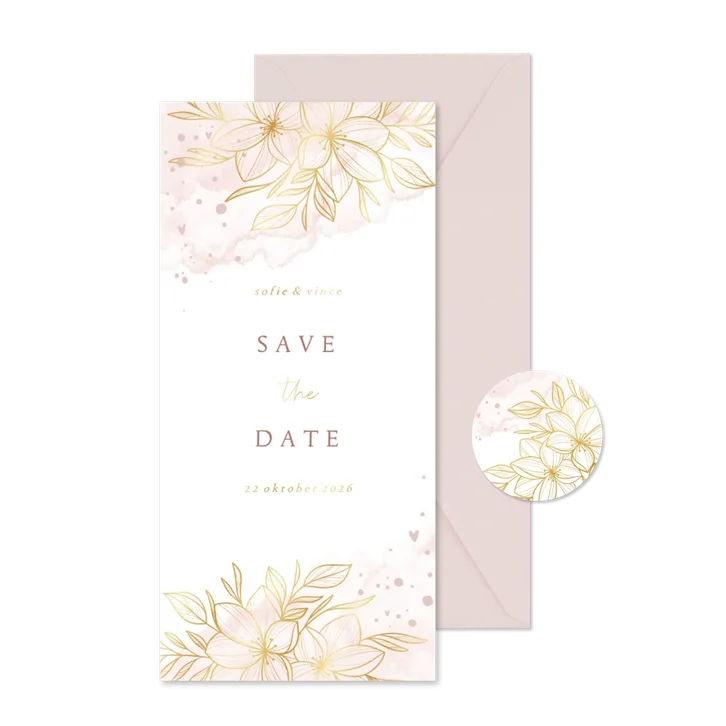 Save the date romantisch gouden bloemen met roze waterverf