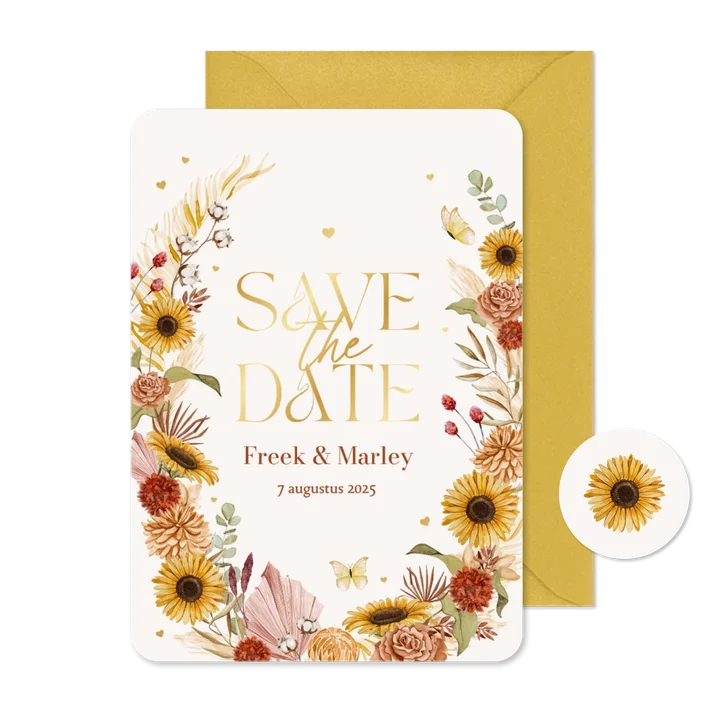 Save the date stijlvol bohemian bloemen zomer vlinders goud 