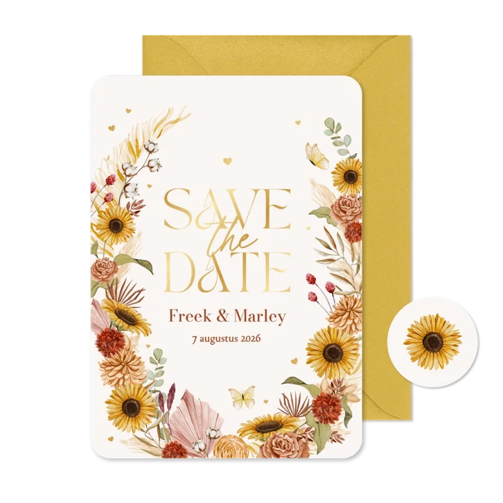 Save the date stijlvol bohemian bloemen zomer vlinders goud