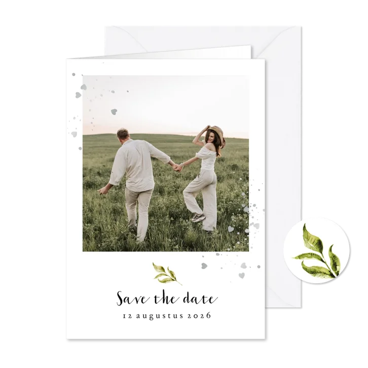 Save the date stijlvol botanisch zilverfolie hartjes foto