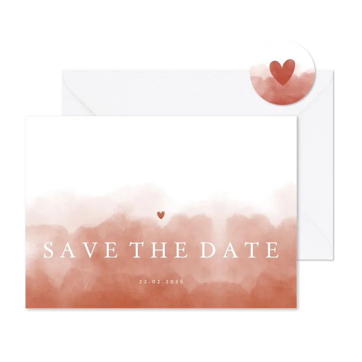 Save the date stijlvol terra roze waterverf met hartje