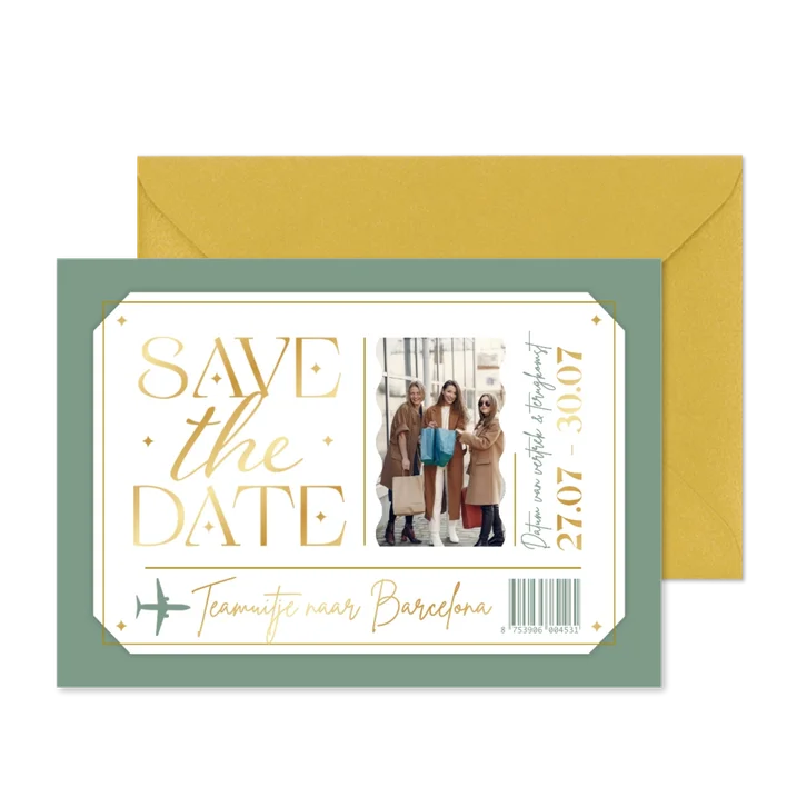 Save the date ticket bedrijfsuitje buitenland uitnodiging