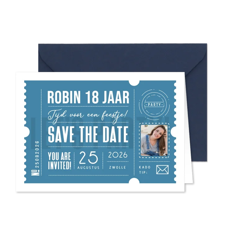Save the date ticket modern grafisch verjaardag feestje foto