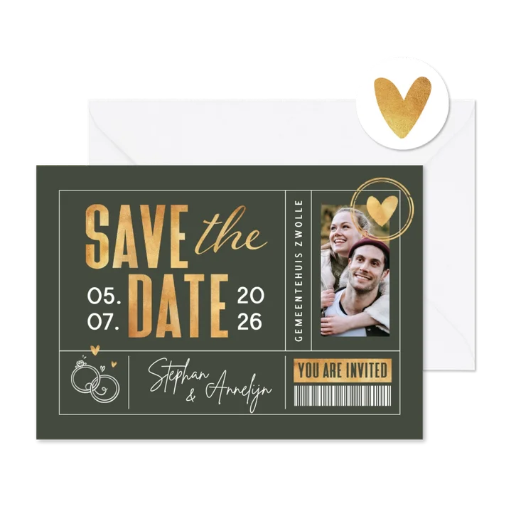 Save the date ticket trouwkaart hartje ringen goud 