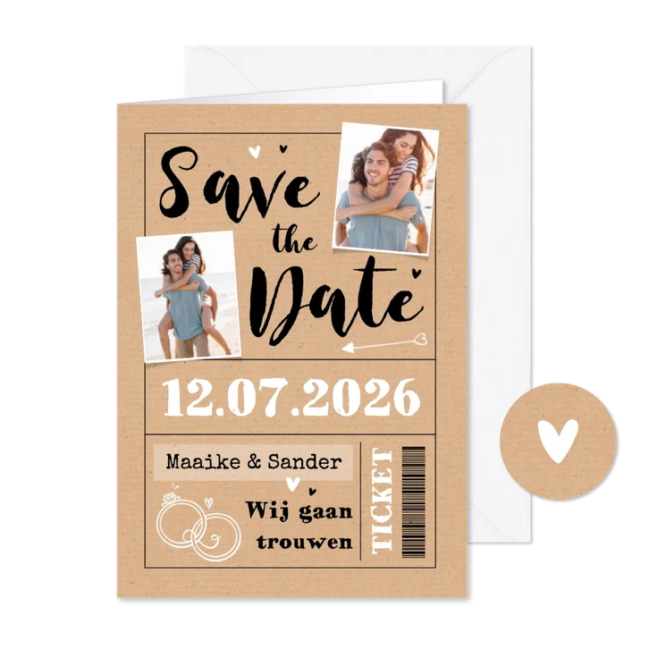 Save the date ticket trouwkaart uitnodiging foto kraft