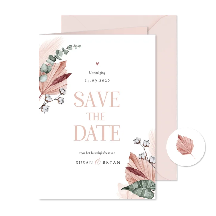 Save the date trouwkaart droogbloemen stijlvol klassiek foto