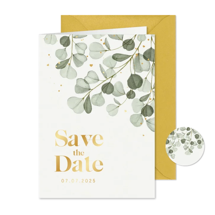 Save the date trouwkaart eucalyptus goud hartjes spetters