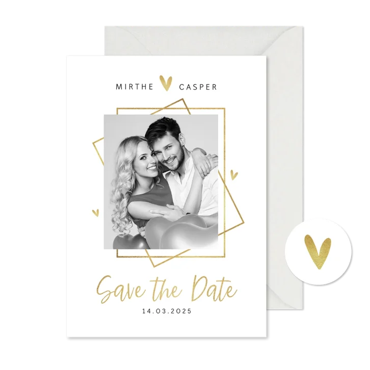 Save the date trouwkaart goud stijlvol modern grafisch hart